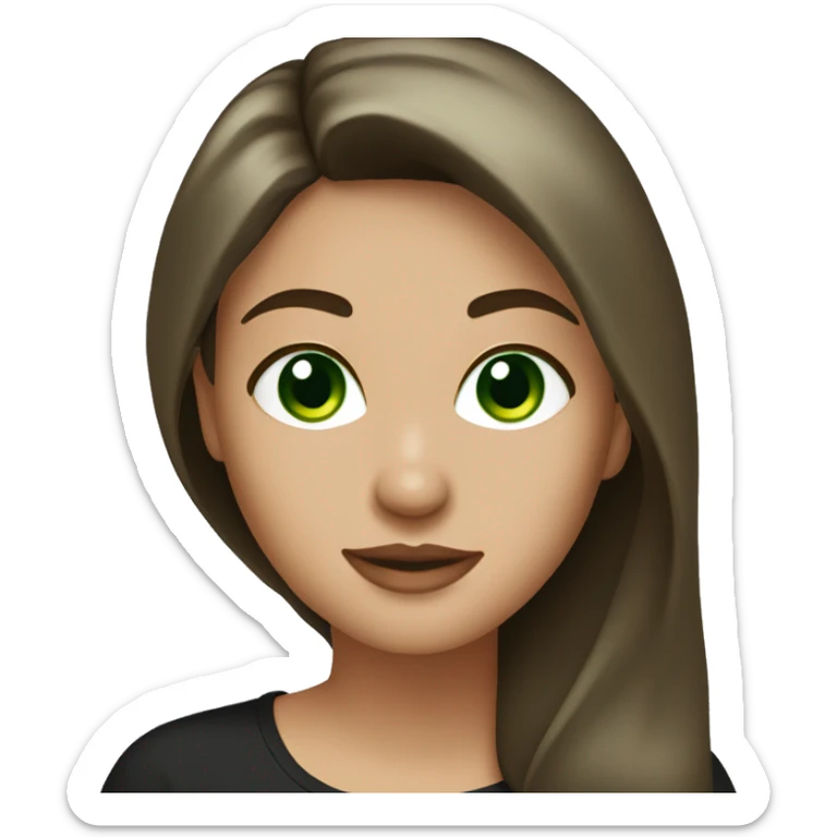 Beautiful woman with long dark brown hair and dark green eyes, wearing a black t-shirt sticker