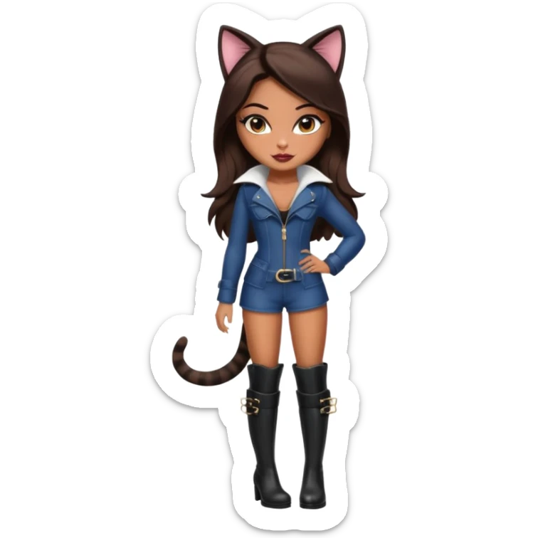 A sexy, super pretty bratz girl with caramel skin. Dark brown hair and brown eyes. She has freckles. Wearing sexy makeup. Dressed as a sexy cat with tall black boots on sticker