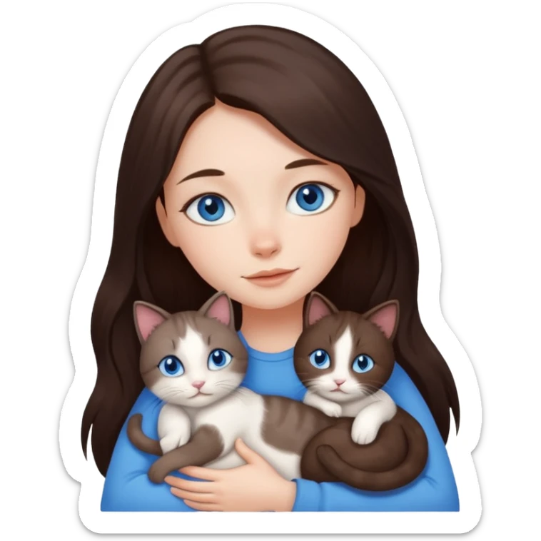 a pretty girl with long dark 
brown hair, with blue eyes, hugs 3 different natural coloured small cats sticker
