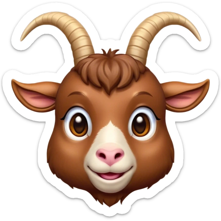 Cinematic Cute Brown Goat Portrait Emoji, Head tilted playfully and inquisitively, featuring a glossy, rich brown fur with charming curved horns, round, sparkling eyes filled with gentle curiosity, Simplified yet irresistibly adorable features, highly detailed, glowing with a warm, friendly glow, high shine, affectionate and lively, stylized with a touch of rustic whimsy, bright and endearing, soft glowing outline, capturing the essence of a mischievous yet loving goat, so playful it feels like it could trot out of the screen and into your arms! sticker