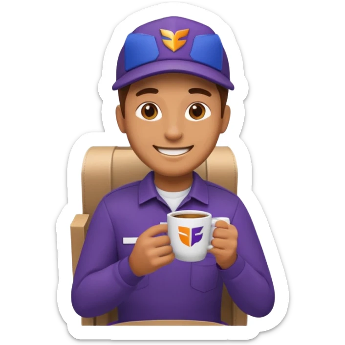 emoji of FedEx delivery man is sipping coffe while sitting in the FedEx truck sticker