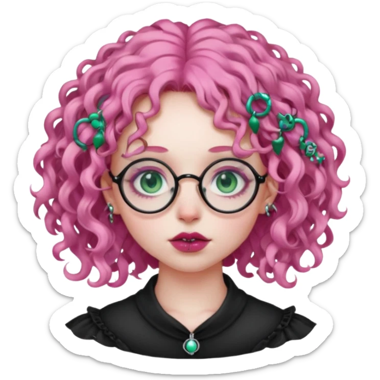 . Gothic girl with pink curly hair, round glasses, septum piercing, nostril piercing, almond eyes, blueish green eyes, sticker