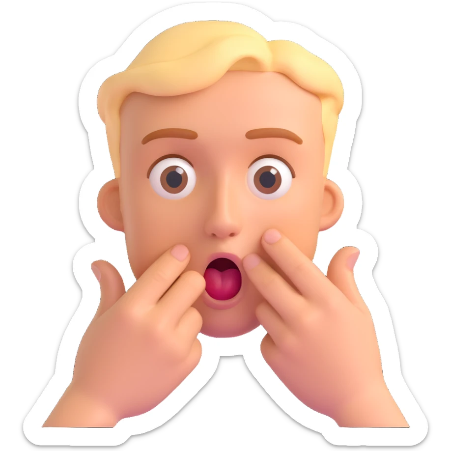 Mathias Schweighöfer with one hand in front of mouth, surprised facial expression, stylized emoji, no text, light background sticker