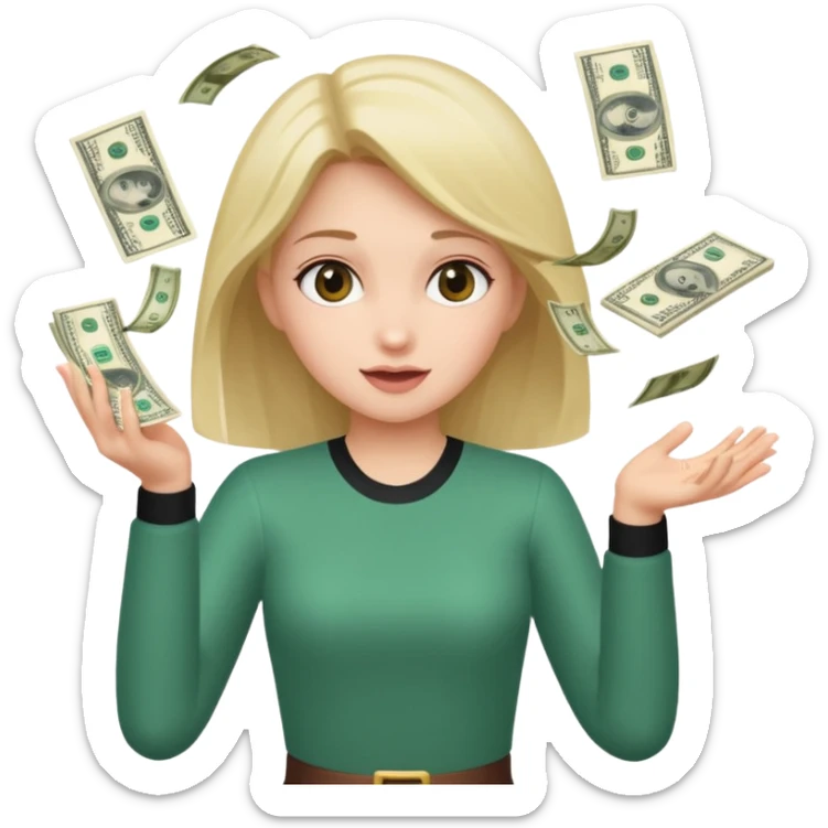 Haz un emote de una chica lanzado lluvia de billetes en formato gifg sticker