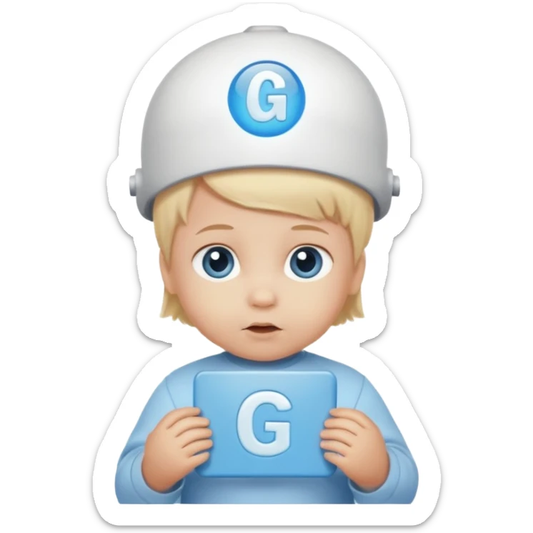 A baby Caucasian blond hair blue eyed infant with a genius sign over it’s head sticker