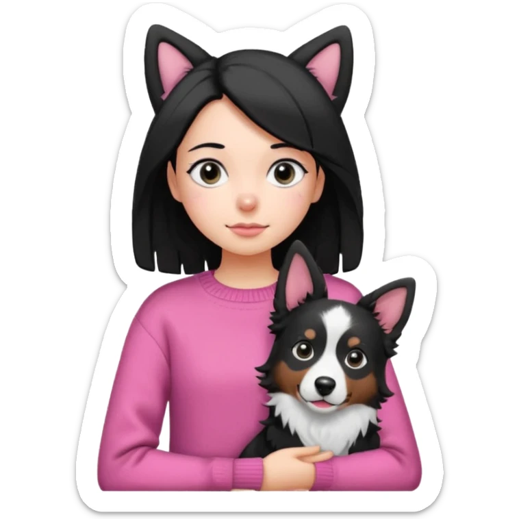 girl with side parted black hair shoulder length black eyes wearing pink sweater carrying black and white border collie with perked ears emoji style sticker
