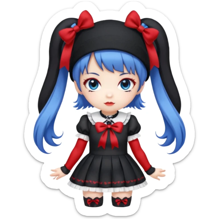 Chibi kawaii girl, violet eyes, black-blue twin tails, red ribbons, red beanie, black & white lolita dress with red accents, white thigh-highs, black mary janes, cute aesthetic. sticker