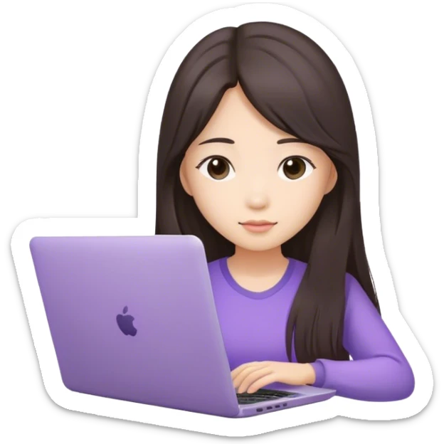 Long hair brunette Asian girl working on lavender laptop front view sticker