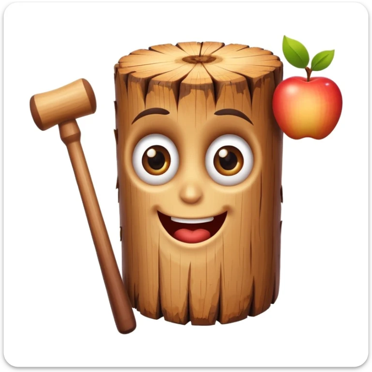 cartoonish wood log with cheerful expression and big eyes, holding a small mallet, white background, bright colors, apple emoji style sticker