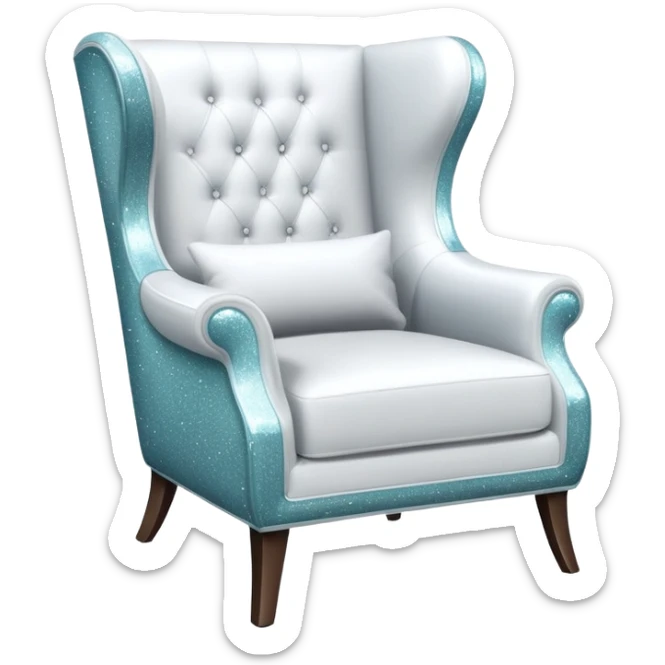 smartphone at an angle showing a clear, detailed armchair on the screen, product page layout, with sparkle effect on the left side sticker