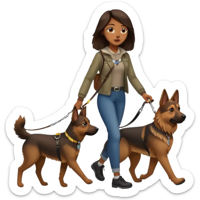 a girl with a brown dark long long hair, she's walking her dog is a german shepard sticker