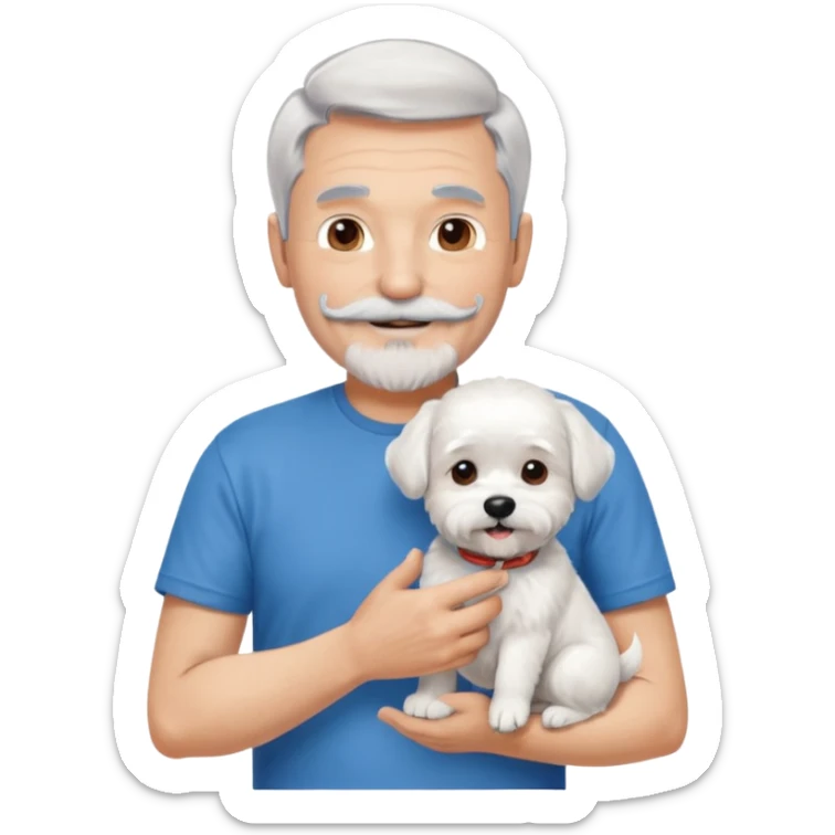 handsome gentleman, 60 years old, short silver hair, beard and moustache, wearing a blue t-shirt, smiling and holding a maltese dog sticker