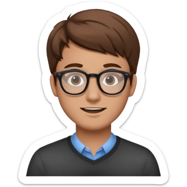 a man in his early 20s wearing glasses for a tech company, extroverted, brown hair sticker