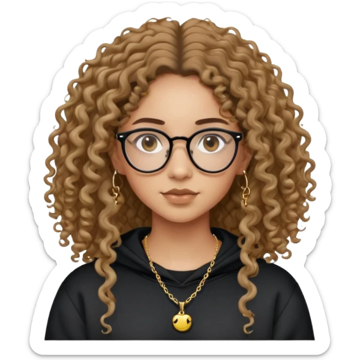 Mixed girl /curly long hair brown / with black eyes glasses black sweat shirt middle part flat piercing and very small thin gold chain  sticker