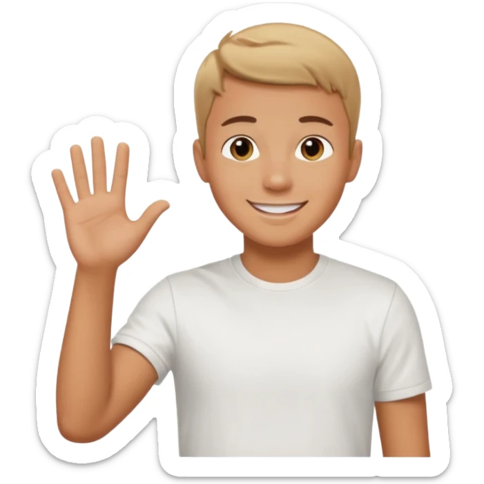 joven bronceado corte de pelo muy cortito polera blanca sonrisa bonita saludando mano arriba sticker