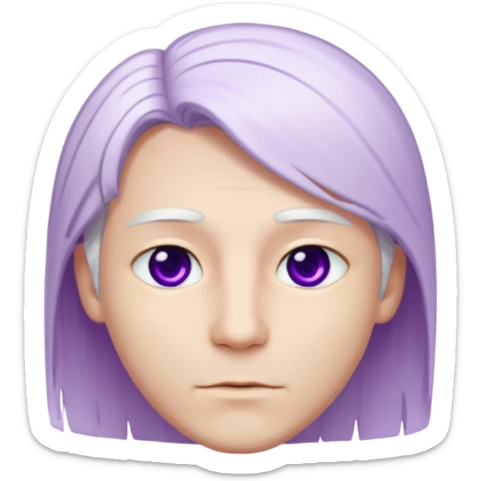 Beyaz uzun ve düz saçları olan,mor göz rengi olan, bembeyaz tenli bir erkek,genç,gözleri hafif çekik ve saçları da teni de bembeyaz olacak,genç olacak,kırışıklığı olmayacak,gözleri çekik ve mor renk olacak,alnında kırışıklık olmayacak,saçı daha beyaz olsun,genç olacak sticker