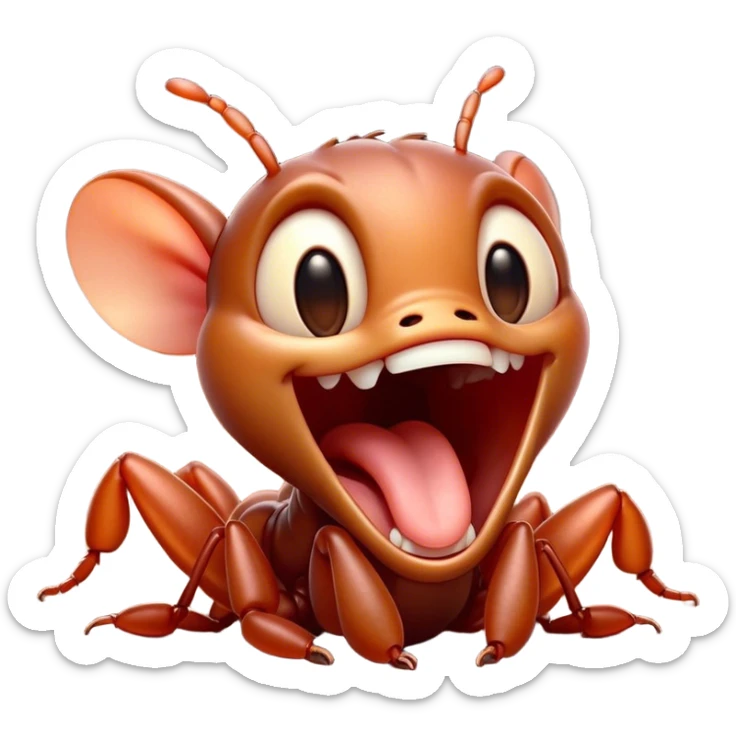 Cinematic Adorable Yawning Ant Portrait Emoji, Head tilted slightly with a dramatic, wide-open yawn, showcasing a tiny, segmented body with softly drooping features and sleepy, half-closed eyes, Simplified yet irresistibly cute features, highly detailed, glowing with a soft, cozy natural glow, high shine, relaxed yet expressive, stylized with a dash of whimsical charm, soft glowing outline, capturing the essence of a drowsy ant that appears ready to stretch out for a nap! sticker