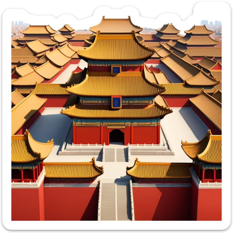 Cinematic Realistic Forbidden City Landmark Emoji, depicting grand imperial architecture with golden rooftops, vast courtyards, and intricate wooden carvings, all surrounded by towering red walls. sticker