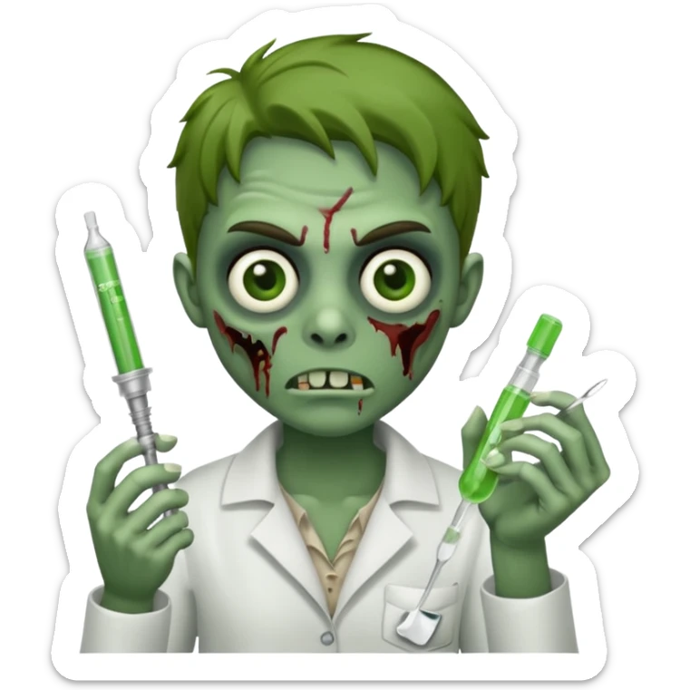 ios emoji style zombie holding a syringe in one hand and a spoon in the other sticker