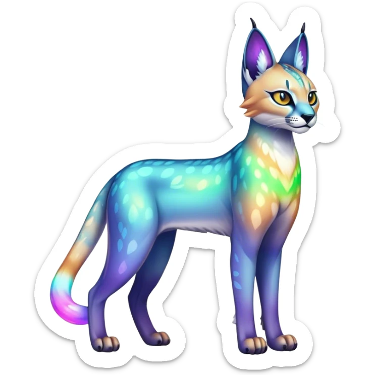 An iridescent transparent luminescent colorful fantasy-lynx-caracal-serval-fakemon-creature-hybrid sticker