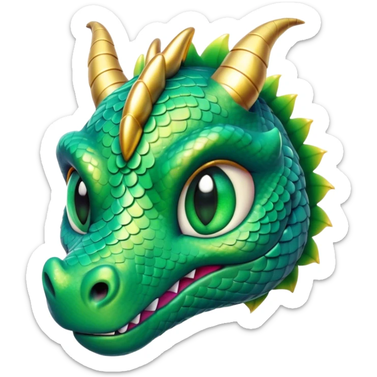 Cinematic Cute Dragon Portrait Emoji, Head tilted playfully and inquisitively, featuring a sleek, serpentine form adorned with iridescent scales that shift between emerald and gold, a delicate set of subtle horns, and round, sparkling eyes full of curious magic; rendered with realistic detail and warm natural light, high shine, affectionate and enchanting, styled with a touch of whimsical fantasy, soft glowing outline, capturing the essence of a mischievous yet lovable dragon that seems poised to slither playfully into your arms! sticker