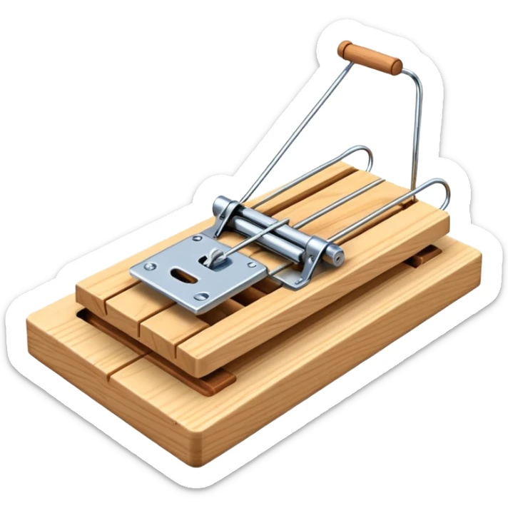 A 3D emoji in iOS emoji aesthetic style of a classic mousetrap without cheese, showing a wooden base and metal spring mechanism, clean minimal design, bright lighting, glossy Apple-style look, white background. sticker