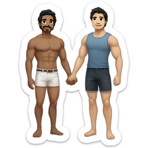 Gay couple, 1 Latino male heritage taller black hair a bit muscled, the other one white Australian male blonde hair holding hands with a cat in the middle of them. Full body sticker