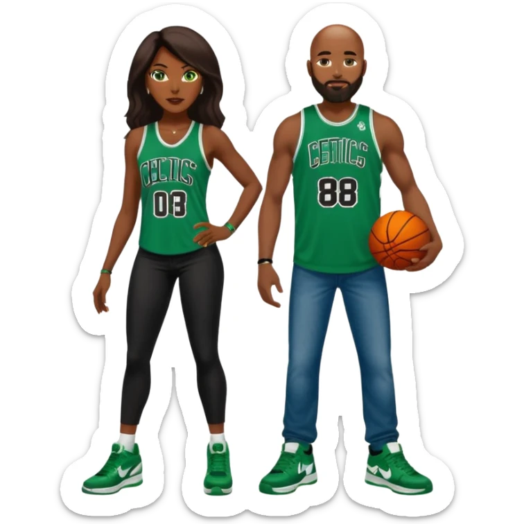 48-year-old dark skin black woman with brown eyes, long dark brown hair dressed in sexy 
celtics jersey outfit, wearing stilettos. A white bald White man with orange beard facial hair and has blue/green eyes, wearing a Jason Tatum Boston Celtics Jersey jeans & green Nike sneakers  sticker