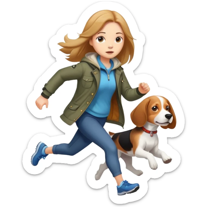 A beautiful girl with fair skin and long hair wears a jacket and runs with a beagle sticker