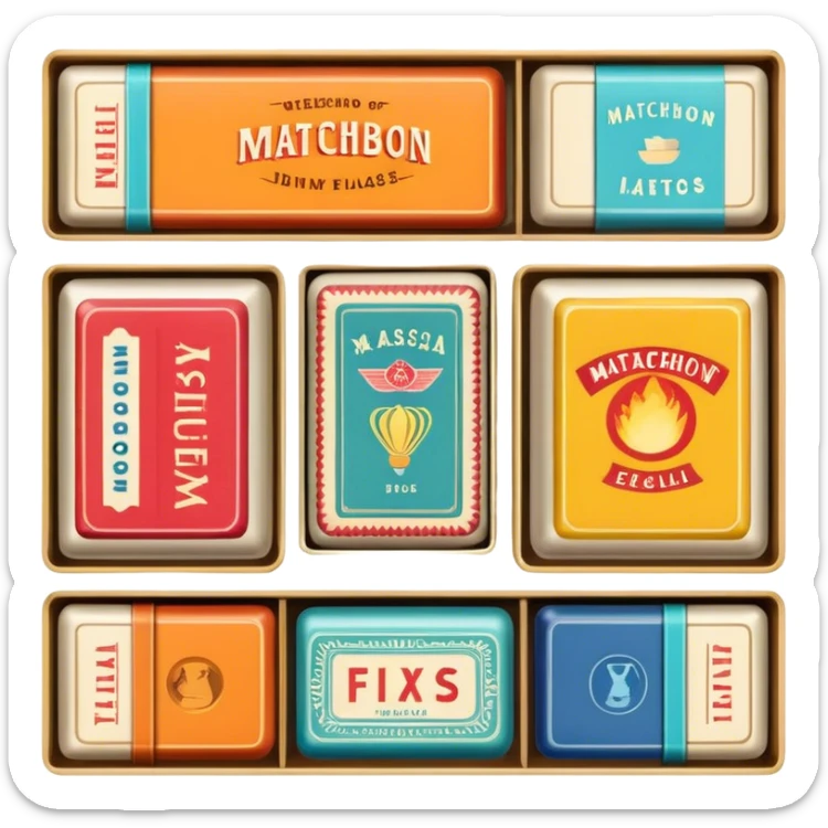 Icon for Matchbox Collecting: a collection of vintage and colorful matchboxes from different places, neatly displayed in a row or in a display case. The icon should reflect the uniqueness and diversity of matchbox collecting. Transparent background. sticker
