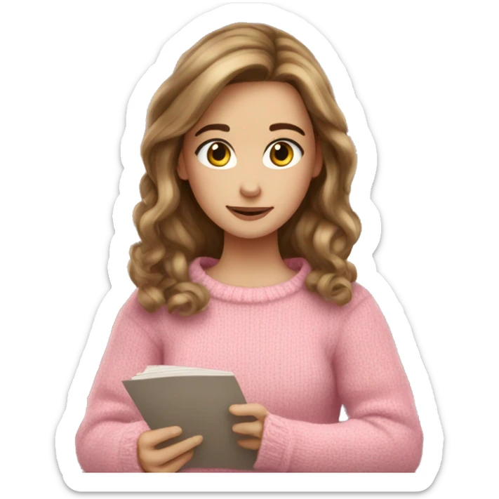 Pretty white girl with brown hair pink sweater reading cozy sticker