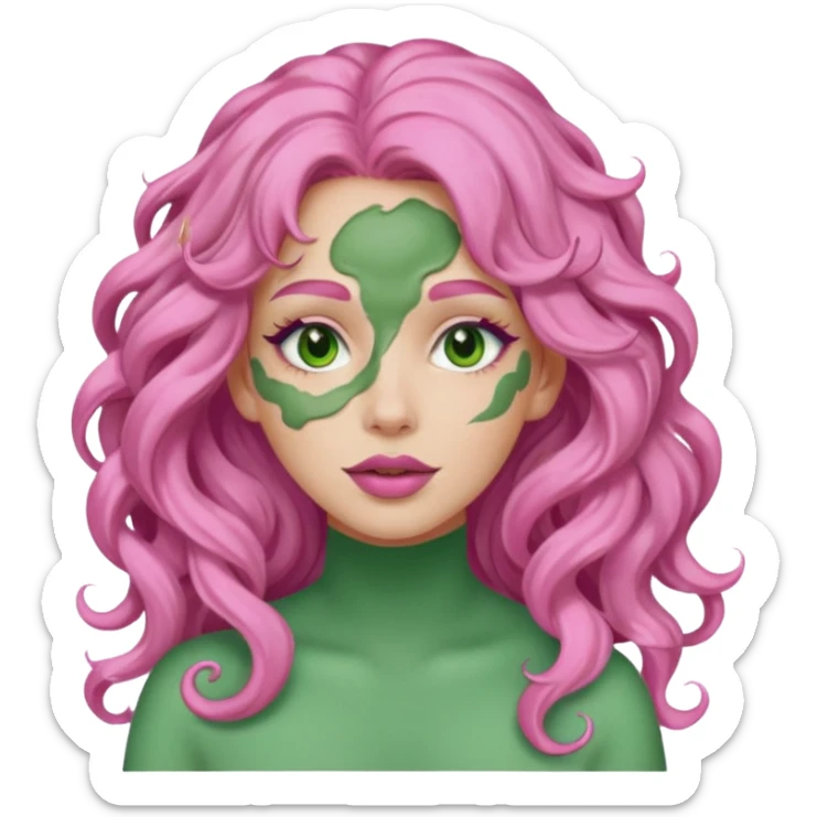 pink haired very long curly haired woman with full full face green clay mask sticker