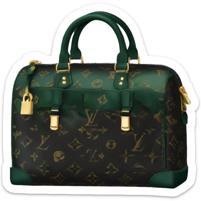 Black Designer Louis Vuitton bag with dark green monogram and dark green trim and gold details sticker