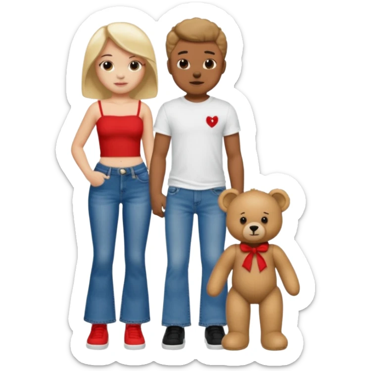 A boy and a girl teddy bear for the boy bear put on true religion shirt and jeans with black shoes and for the girl put flare jeans and a red tube top and white shoes just bears not the humans  sticker