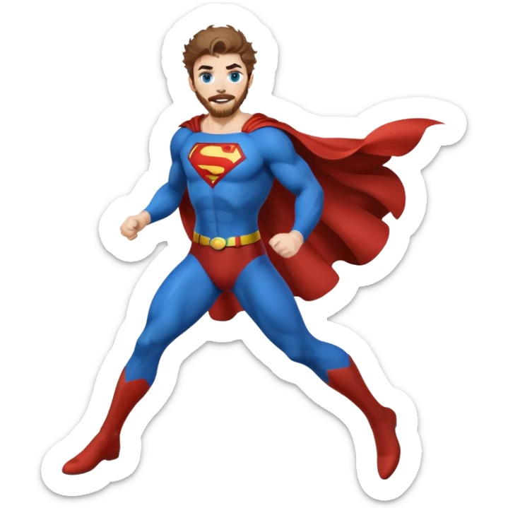 flying superman，full body, blue eyes, Irish redish messy hair, trimmed facial hair sticker