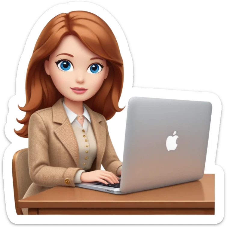 A Barbie girl with blue eyes, shoulder-length reddish-brown hair, made-up, wearing a beige tweed jacket and a beige skirt, is sitting with a MacBook sticker