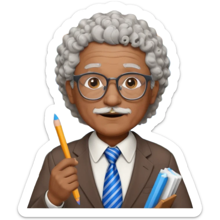 old man teacher, brown skin, curly grey white hai, wearing glasses, brown suit, blue tie hold chalk on hand sticker