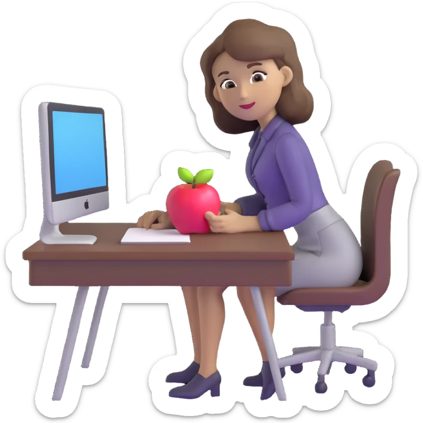 woman English teacher with brown hair, at a desk with an apple sticker