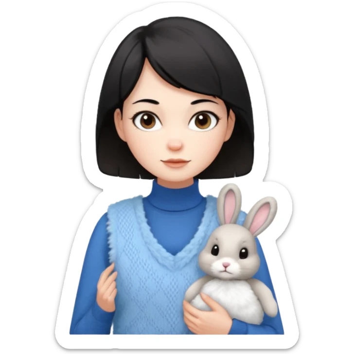make a girl hair short black and wear bunny skin pale ok and wear Sweater vests blue and make little bit a younger sticker