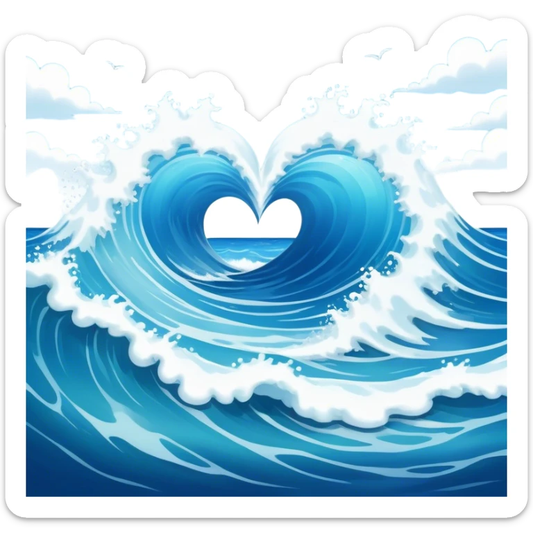 "A heart-shaped ocean scene with crashing waves, reflecting a serene and dreamy atmosphere."
 sticker