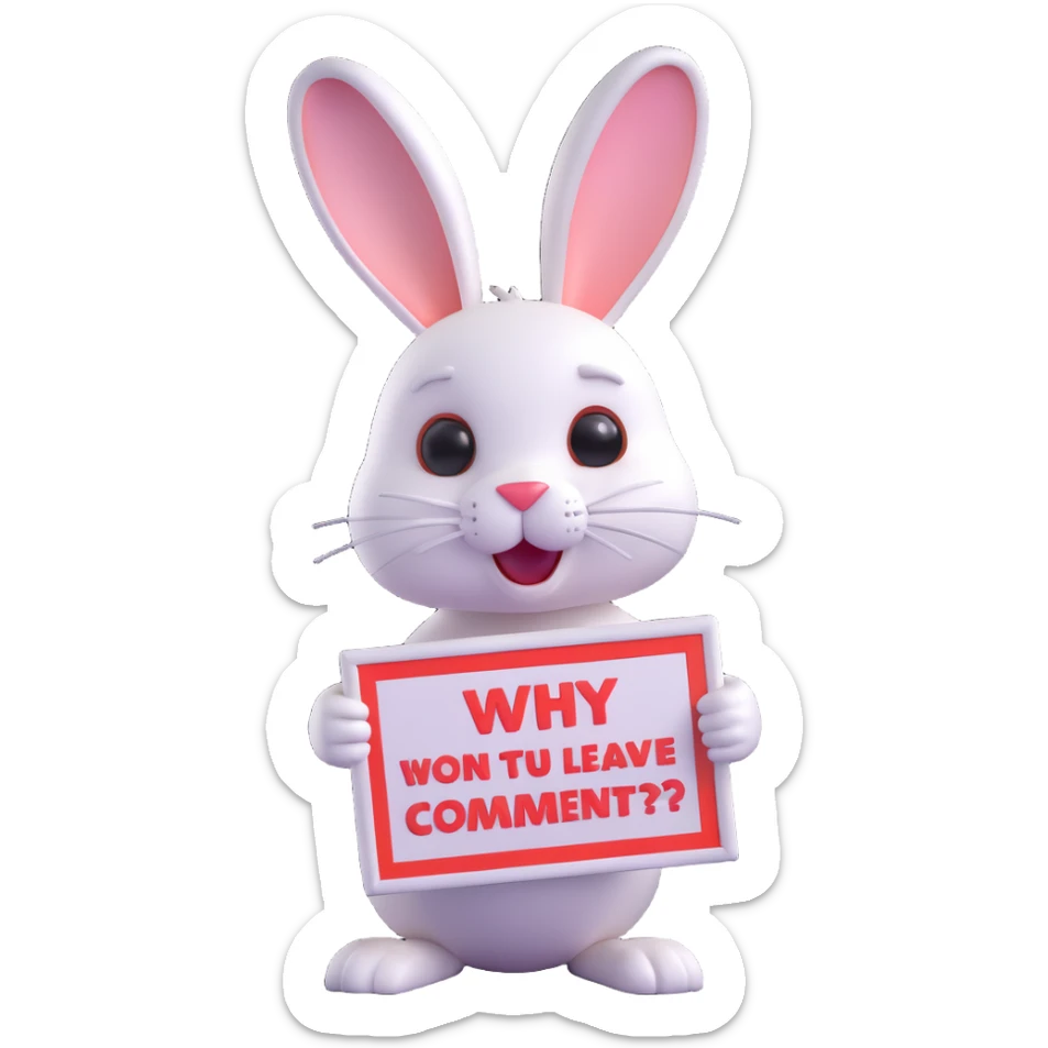cute 3D bunny, looking sad, holding a sign that says 'Why don't you come to my website and leave me a comment?', charming and modern style sticker