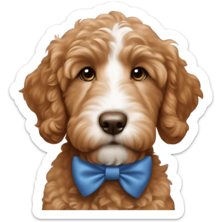 Red brown goldendoodle puppy white nose and chest blue bow in ear  sticker