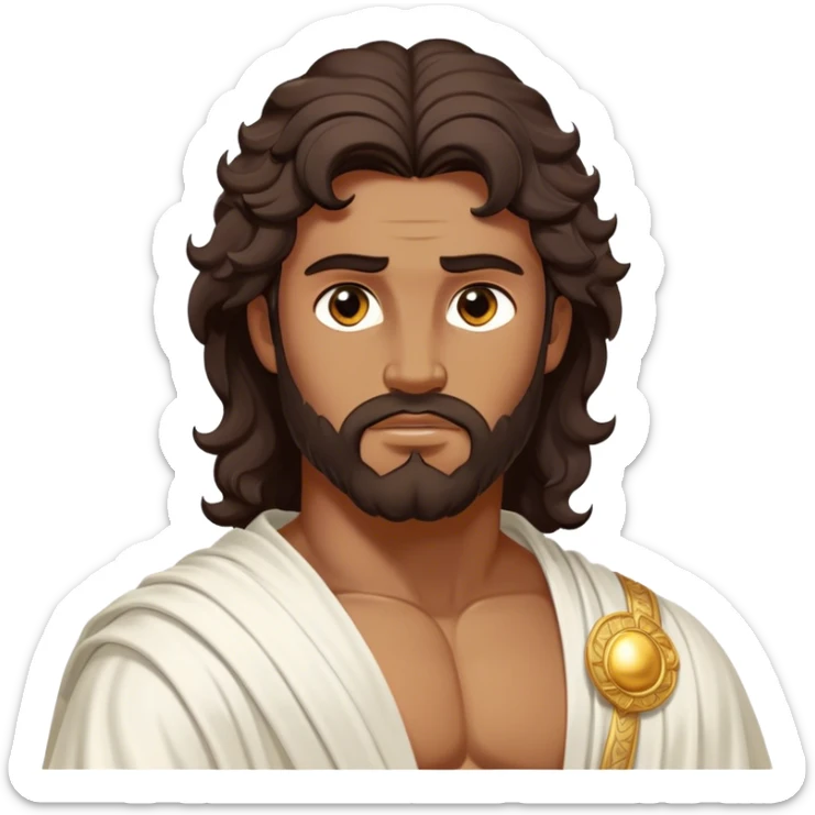 Cinematic Realistic Hercules Portrait, depicted as a classical Greek hero inspired by the Disney version yet echoing the refined proportions and serene dignity of Michelangelo's David. His idealized, sun-kissed bronze skin glows with timeless strength, and his thick, wavy dark hair falls in natural, sculpted curls. Draped in a flowing white robe with delicate golden accents, his expressive eyes radiate determined nobility, all rendered under dynamic natural lighting with a mythic, radiant glow. sticker