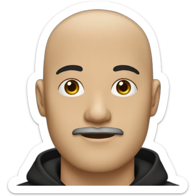 bald man with black (short) beard and no glasses in a black hoodie wearing a black cap sticker