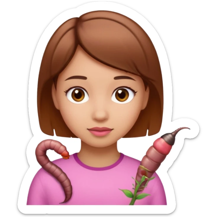 a girl light skin with brown eyes, brown short hair and a worm sticker