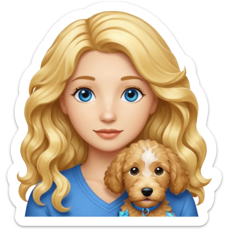 Long blonde hair, blue eyed woman with wavy blond goldendoodle sticker