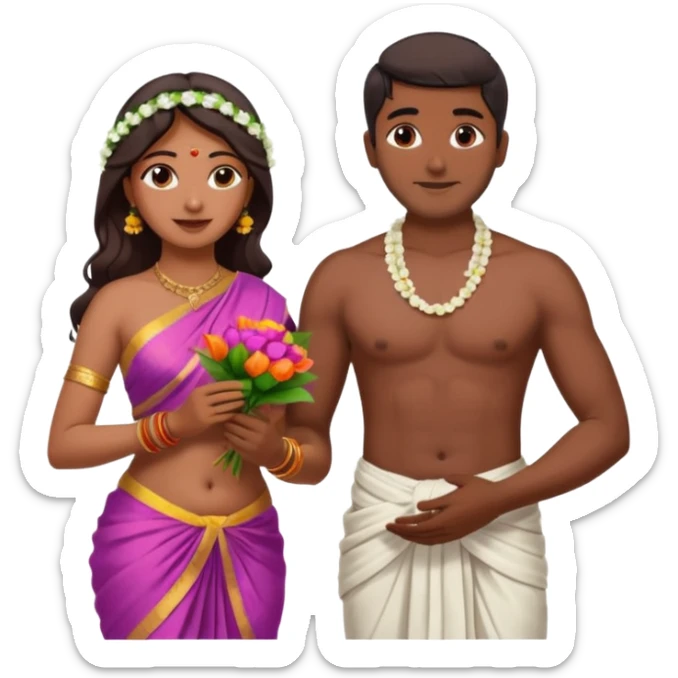 indian woman in saree and indian man in dhoti (shirtless) exchanging flower garlands  sticker