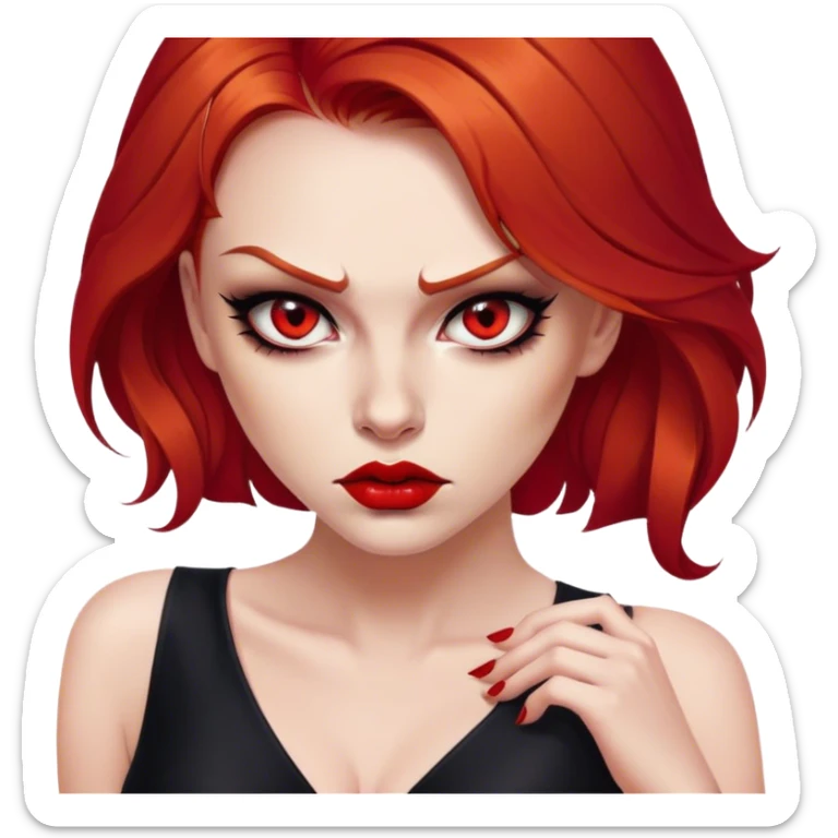 a beautiful very angry woman with red hair and red eyes. The woman wear a black little cutted dress. She have red lipstick and she have a seductive look. Angry face sticker
