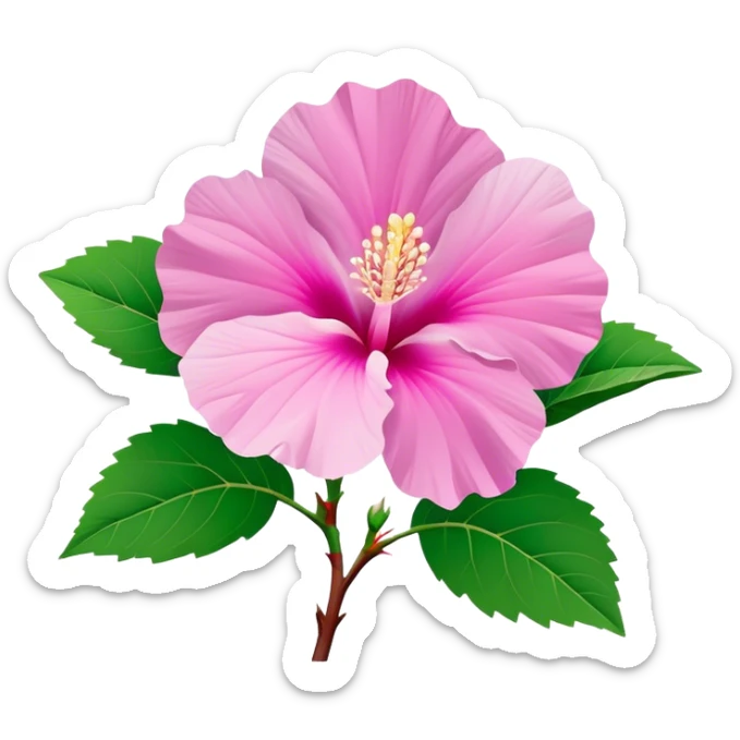 Cinematic Realistic image of a Mugunghwa flower (Rose of Sharon), rendered with delicate petal textures and vibrant pink hues, set against a minimalist background with gentle, diffused lighting that highlights its national significance sticker