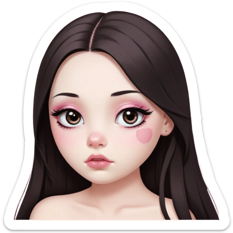 girl with white skin, dark brown long realistic straight hair with middle part prominently falling in front of her body over her shoulders, very big pouty extra shiny lips with absolutely no cupid's bow, big round eyes with very black shiny eyeballs and huge eyelashes, no eyeshadow, pink blush on cheeks, lighter button nose, extremely long oval-shaped face, wearing a pink off-shoulder top, looking directly at camera with hands down at sides sticker